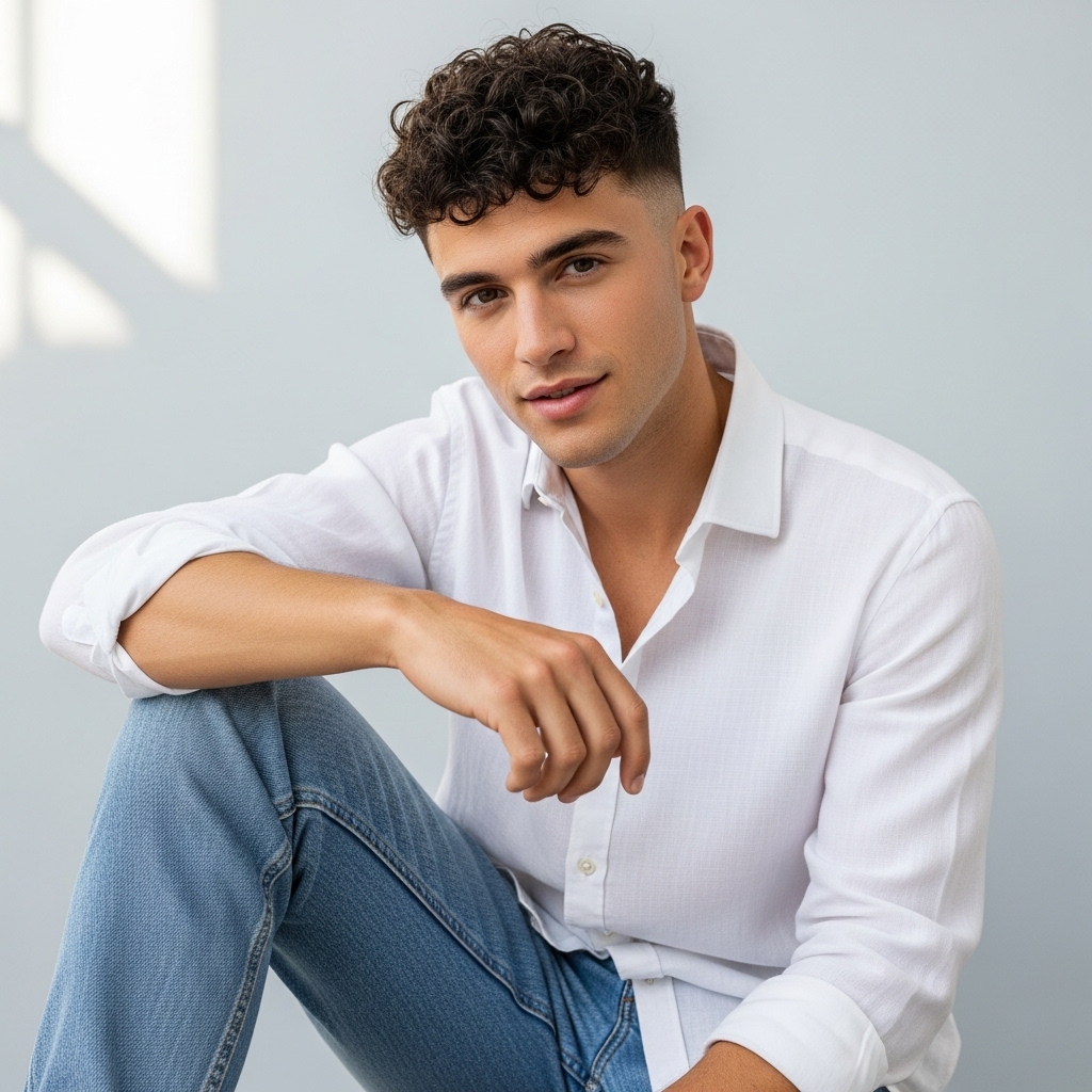 curly hair styled into a crew cut haircut
