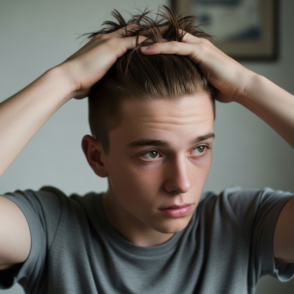 man buffing messy crew cut with fingers