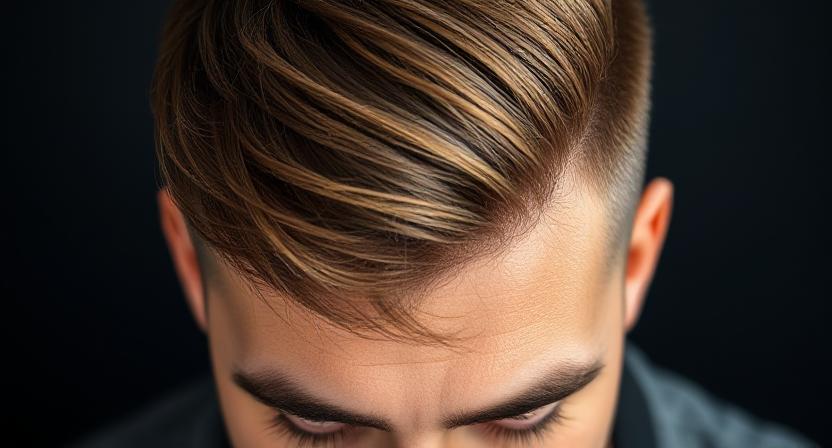 The heart-shaped face is low taper fade with curtain bangs.
