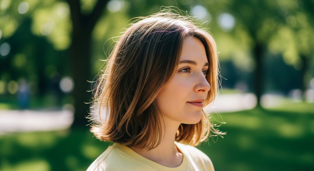  Woman with soft layered shoulder length hair walking casually outside.

