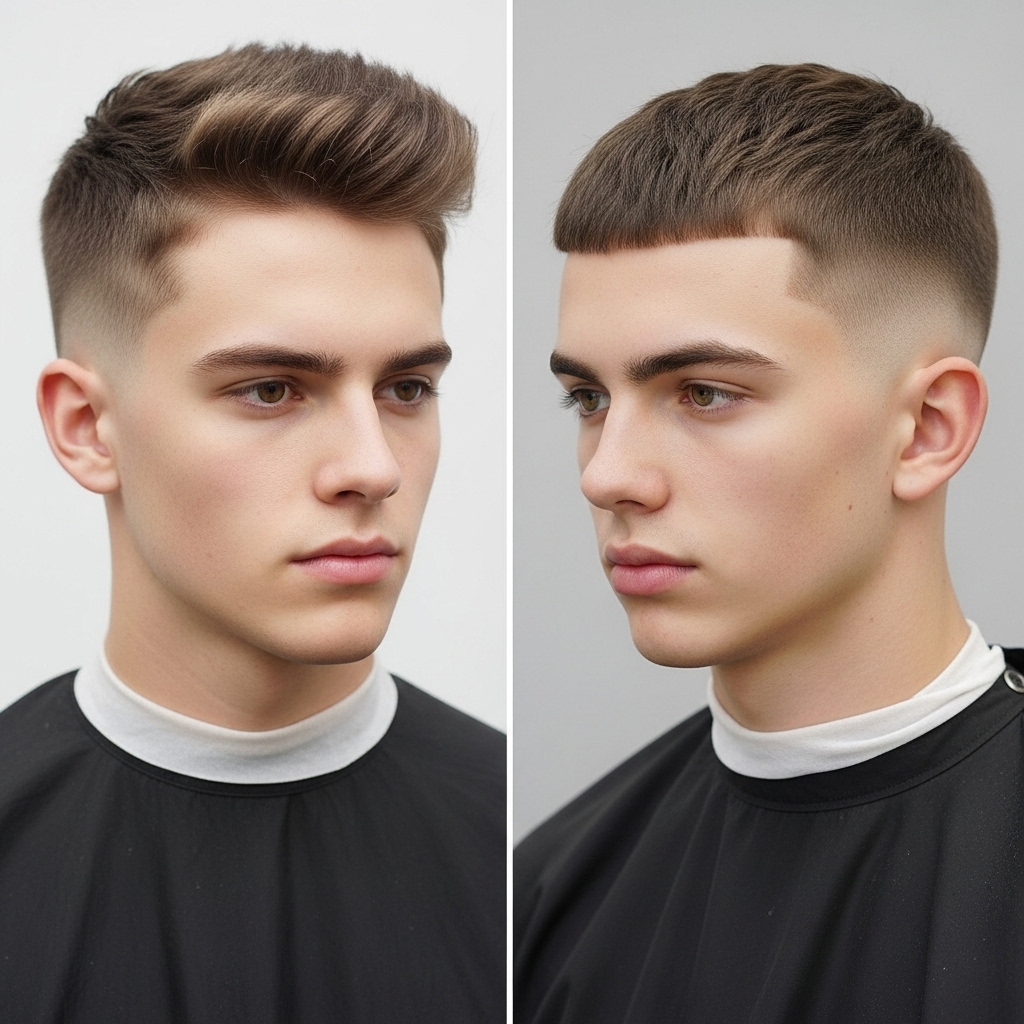 a comparison between classic and modern crew cut hairstyles.