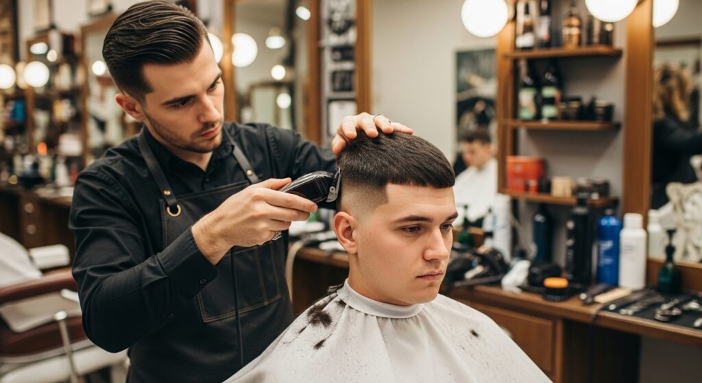 A barber is giving a low taper fade with clippers.