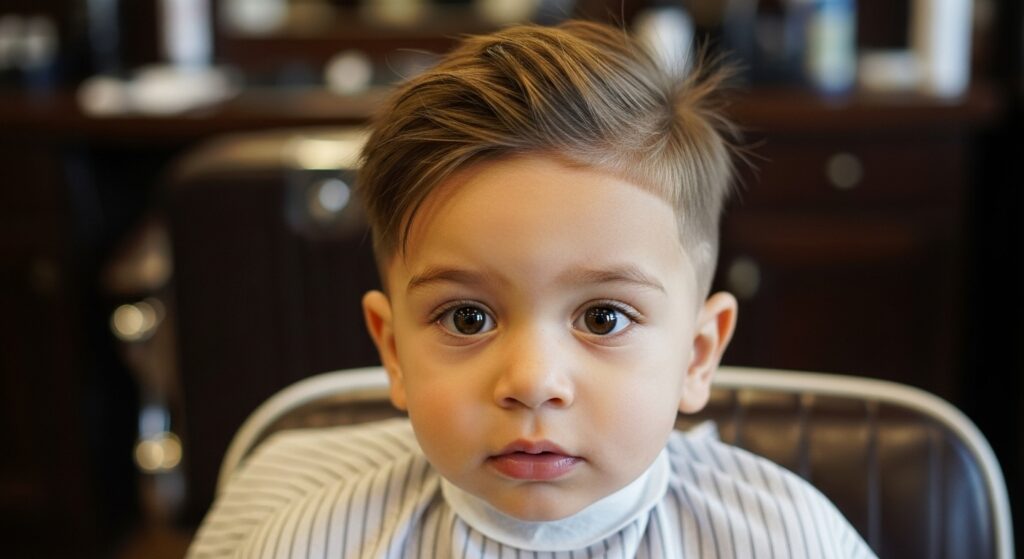 "Toddler boy with low taper fade haircut, short sides and messy long top"