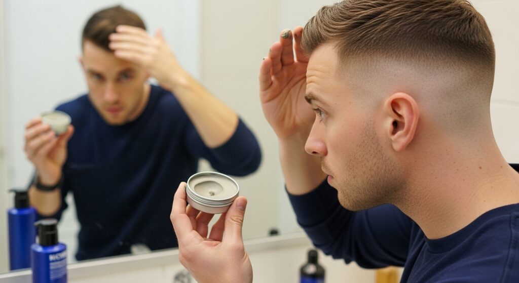 A man styling his hair in front of a mirror after a fresh fade—holding matte clay or pomade in his hands, with the fade clearly visible on the sides. The focus is on the styling process, not just the haircut.