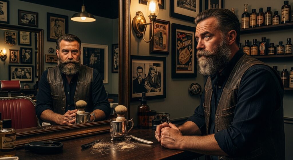man grooming van dyke beard in barbershop