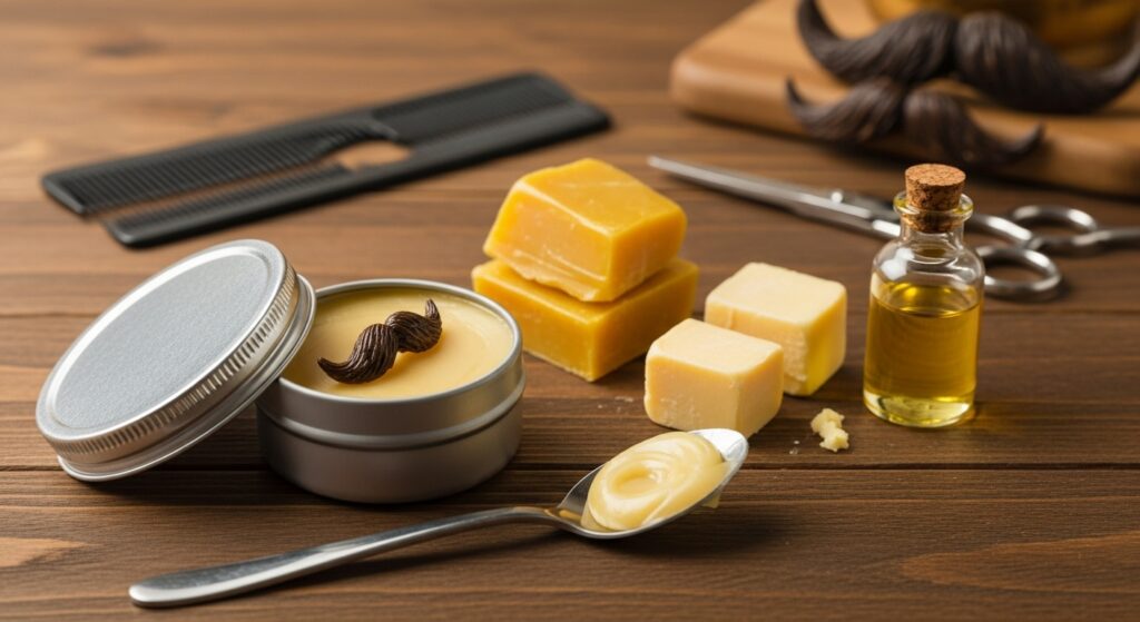 "Homemade strong hold mustache wax with beeswax, shea butter, and jojoba oil on a wooden table"