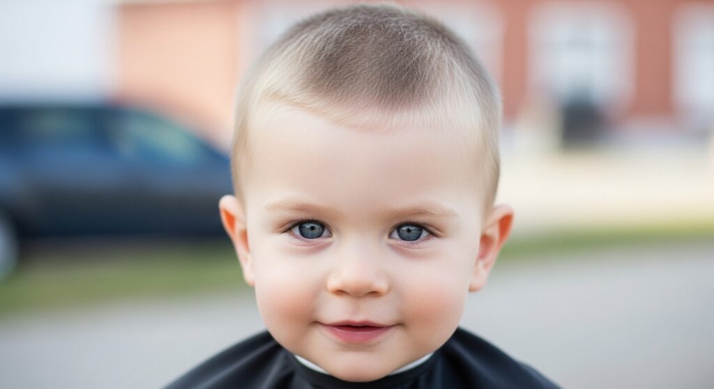 "Toddler boy buzz cut fade for thin hair, very short uniform length"