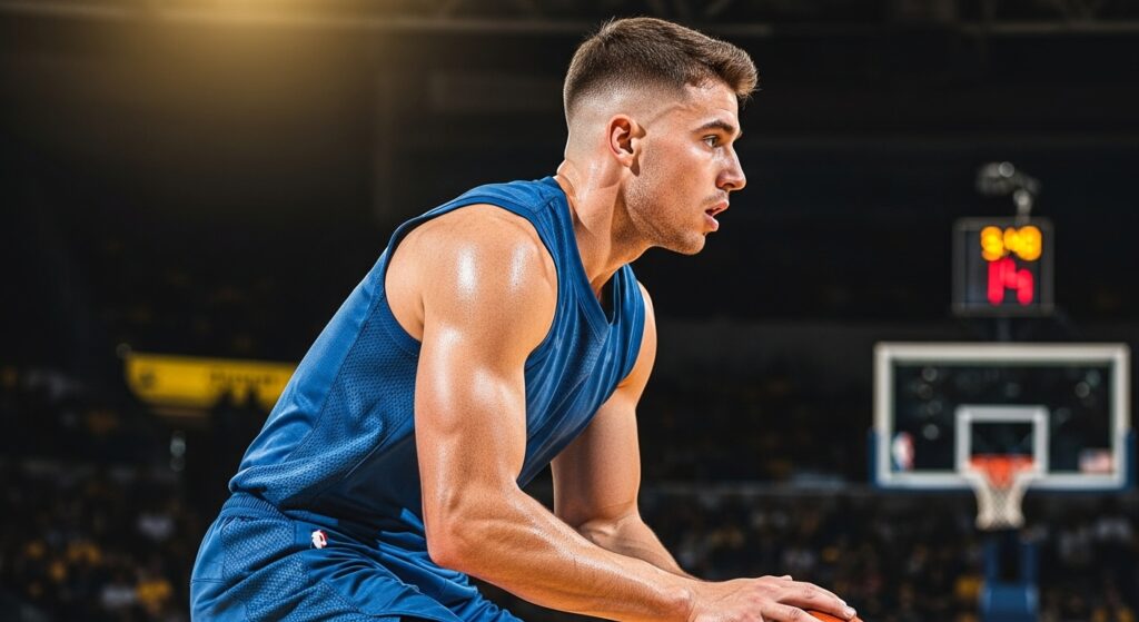"Athlete wearing short low fade haircut"