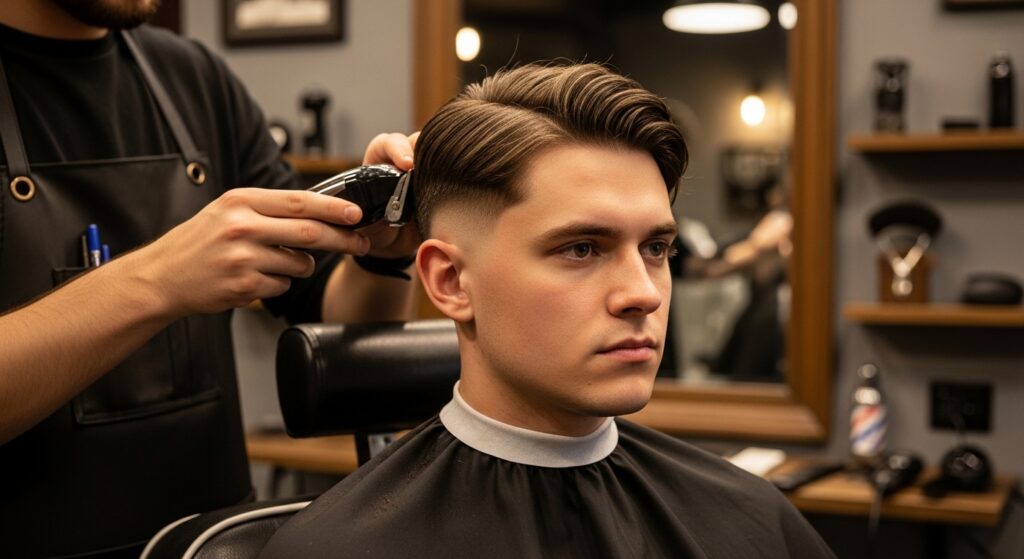 Short middle part haircut with fade