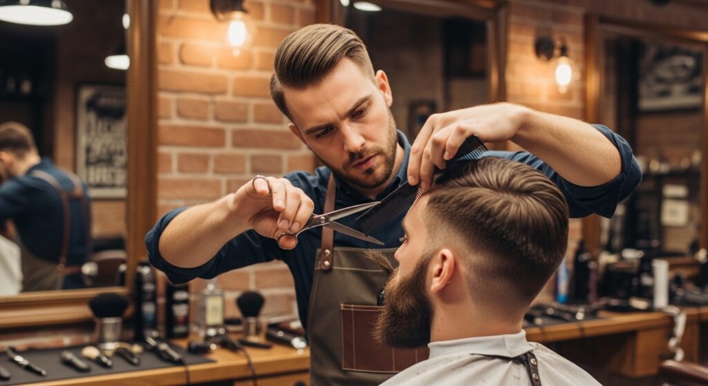 Barber shaping a long beard precisely