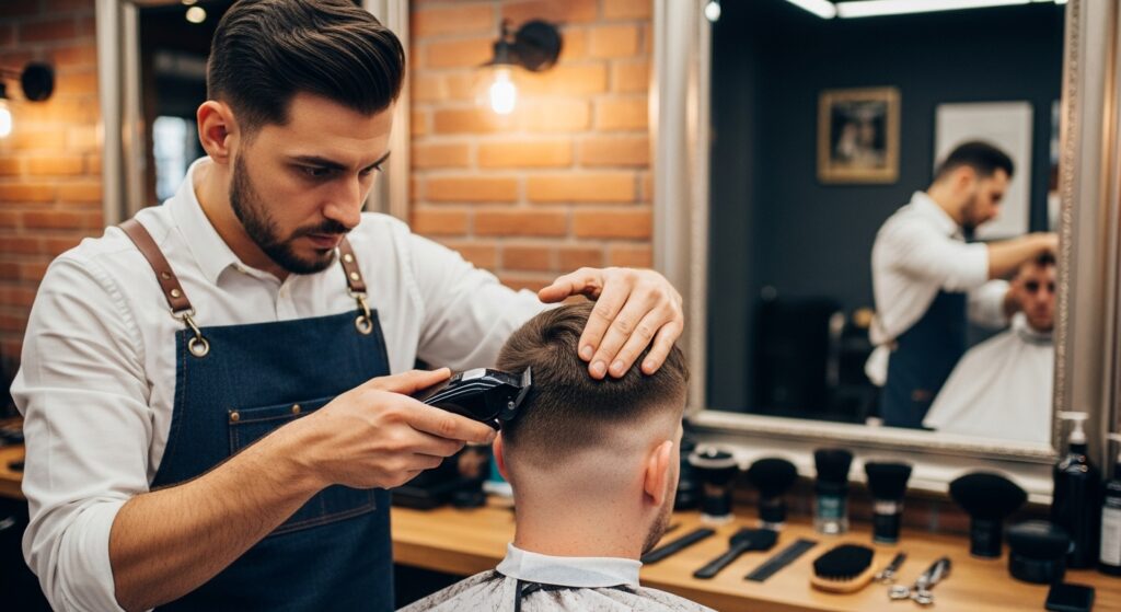 "Barber cutting modern mid fade haircut with cordless clippers"