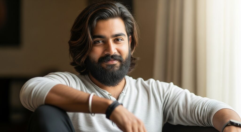 Handsome Indian long hair style man with beard.