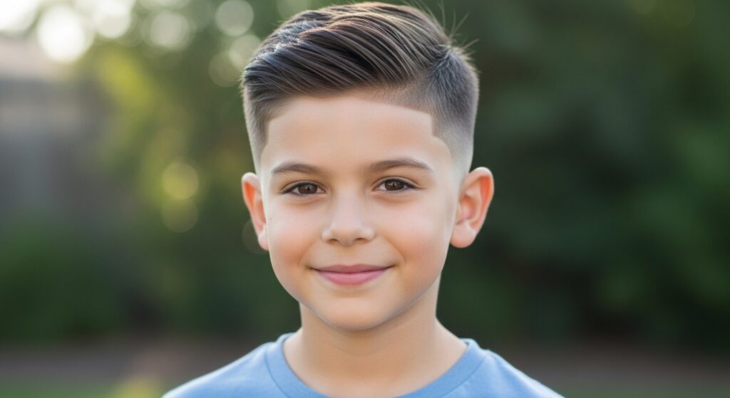 "Young boy with mid fade haircut and textured top"