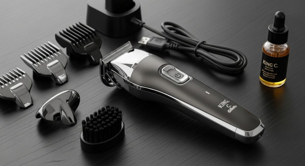 king c gillette beard trimmer kit on bathroom sink