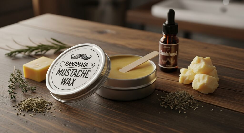  DIY mustache wax in a tin on wooden table