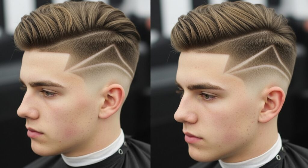 "Double fade haircut with the shaved hair design on the side of the head"