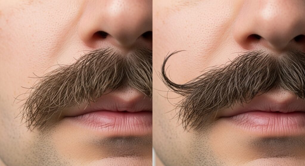 "Visual comparison of moustache styling with wax application"