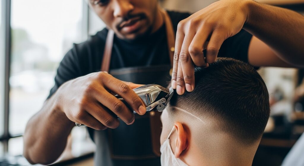 Gros plan d’un coiffeur qui aligne les contours avec une tondeuse
