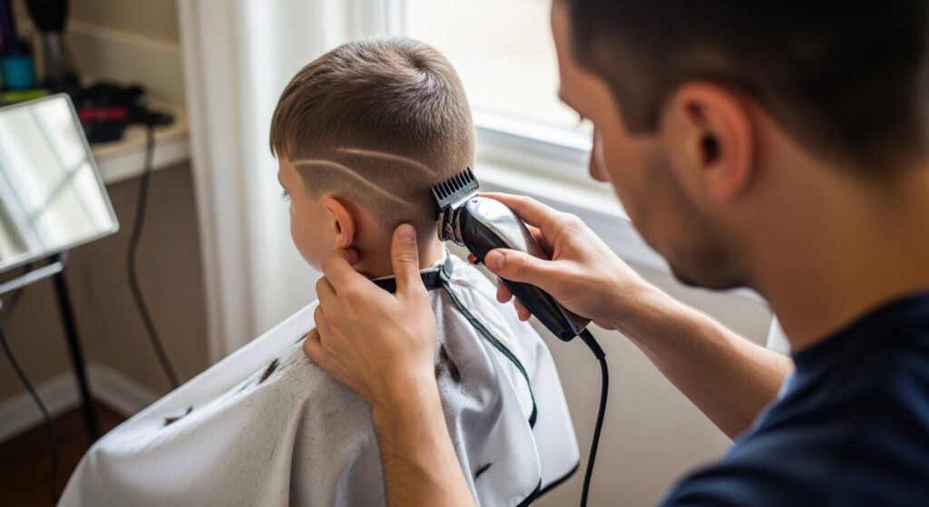 Home fade cut maintenance trimming fades on young boy at home"
