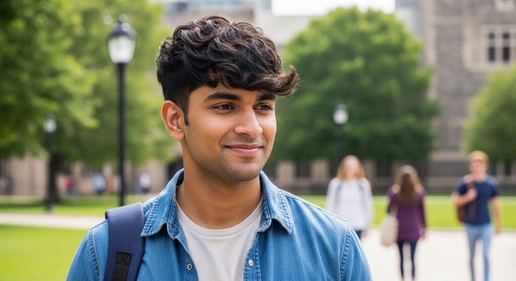 Medium length Indian hairstyle for men with textured fringe.