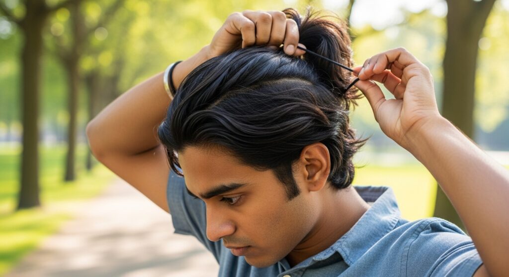  Indian stylish long hair style boy tying half pony.