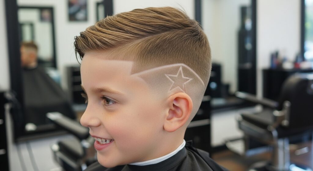 Little boy fade haircut with star design etched into low fade”