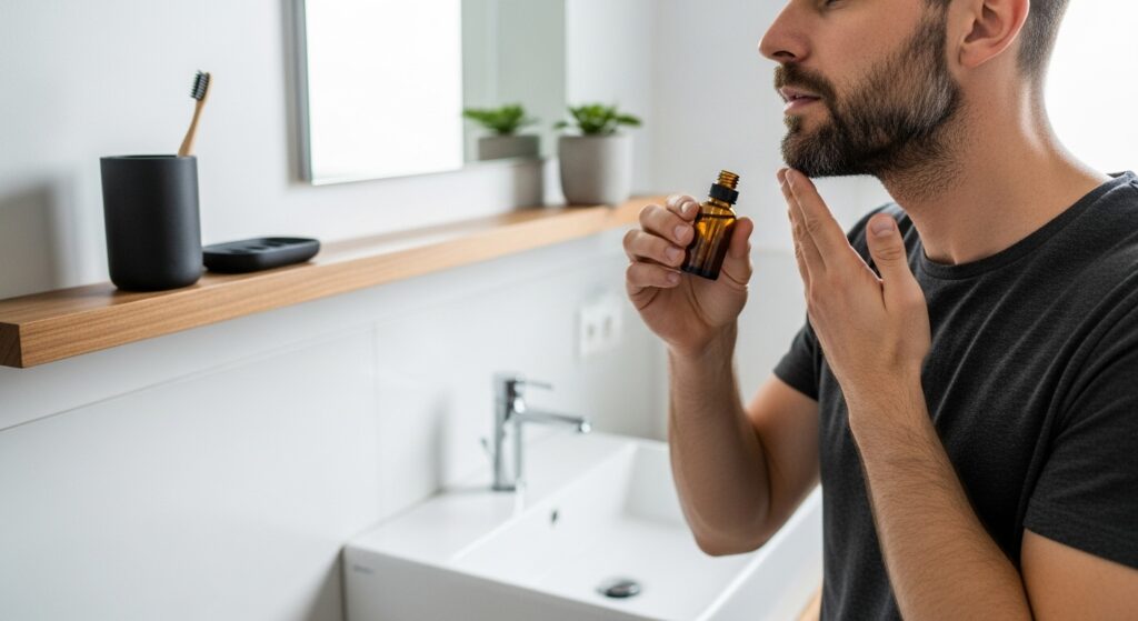 : applying beard oil to van dyke facial hair