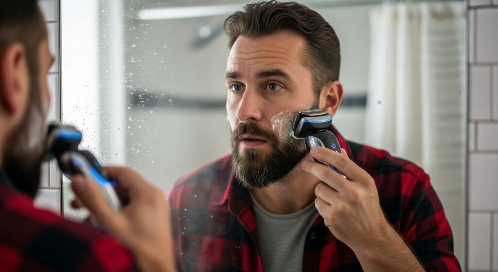  Man shaving thick beard with Braun Series 9 Pro electric razor