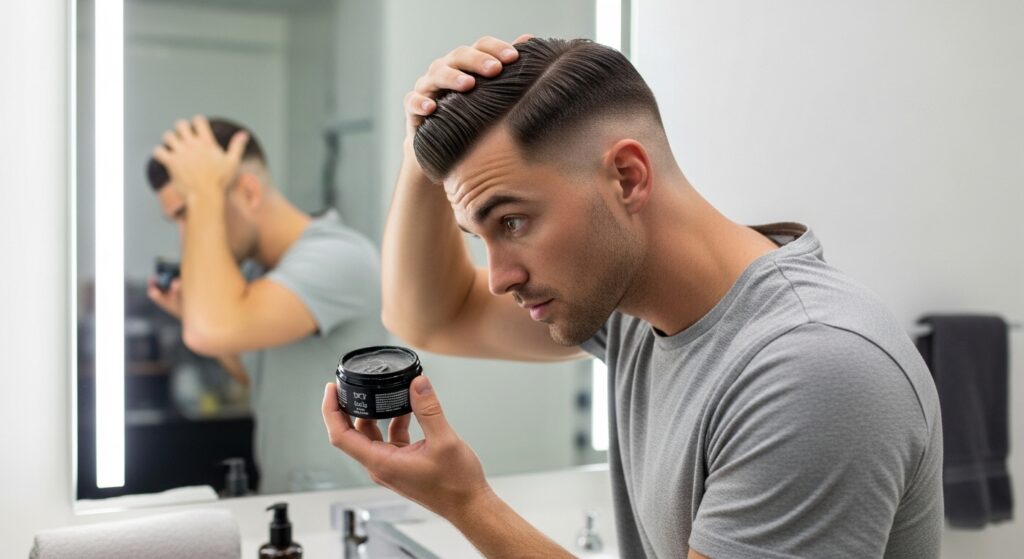 Man styling fade haircut with hair product