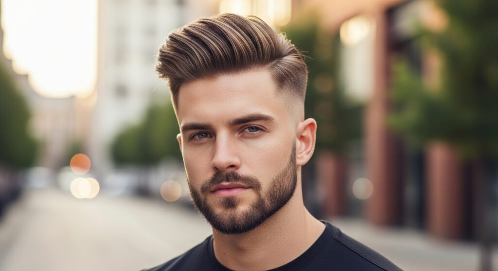 "Long textured top hairstyle with low fade sides"