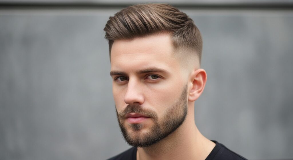 Short fade haircut blended seamlessly into beard"