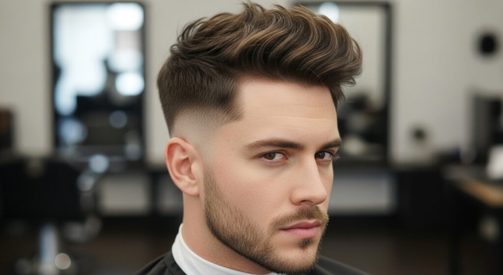 Mid fade hairstyle with messy quiff