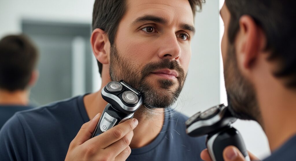 Close-up of Philips Norelco 9800 shaving dense facial hair