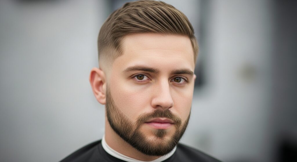 low fade short hair on a man neat beard