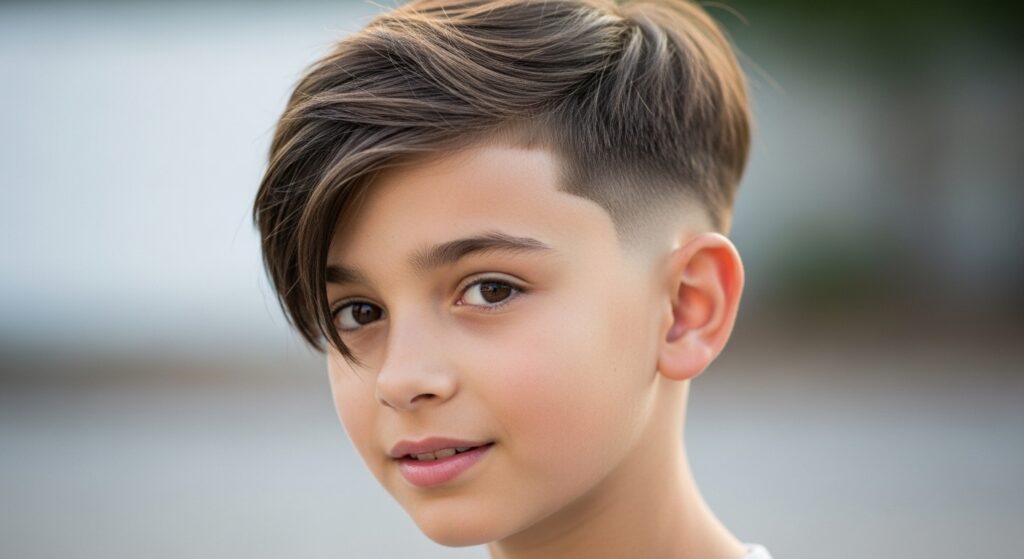"Pre‑teen boy with messy low fade and long top styled forward crew cut style"