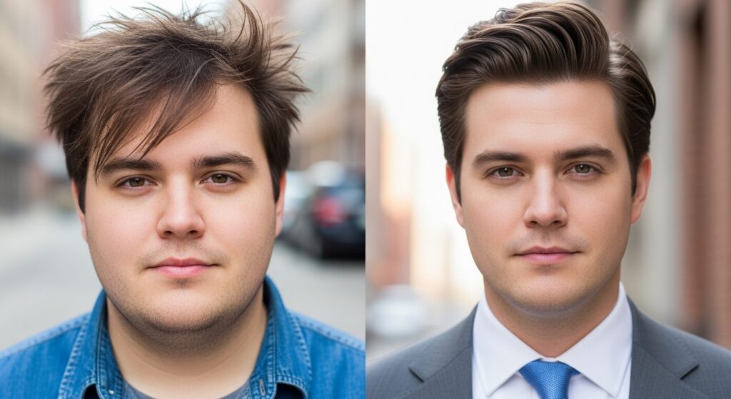Comparison of casual and formal Indian mens hairstyles.