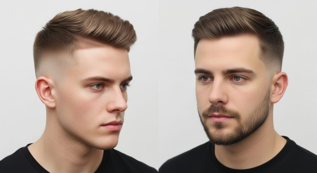 Side-by-side photos of two men, one with a mid skin fade (showing higher cheekbone emphasis) and one with a low skin fade (softer, fuller sides). The comparison highlights how easily they can be mistaken at first glance.