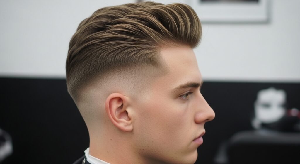 Side profile of textured side fade haircut"
