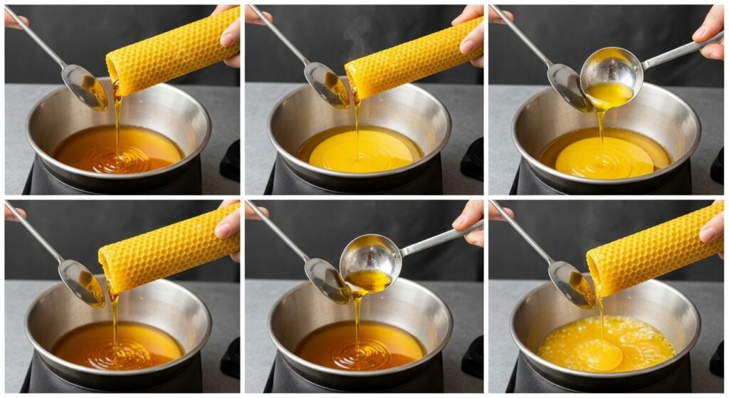 Step-by-step collage of melting beeswax and mixing oils