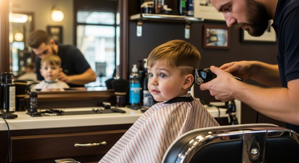 toddler boy fade haircut at barbershop)