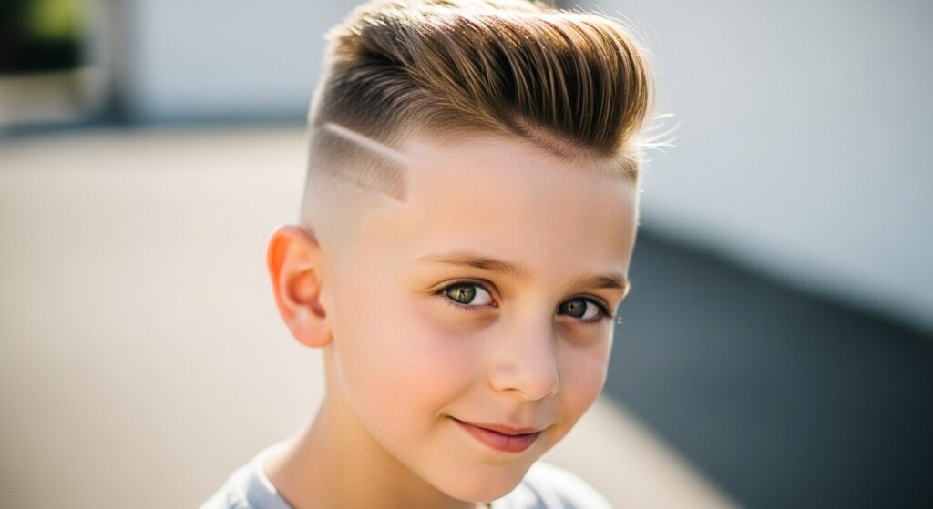 A 9 year old boy with taper faux hawk kids fade haircut"