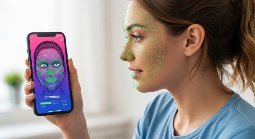 “Woman using AI face shape analyzer on smartphone”)