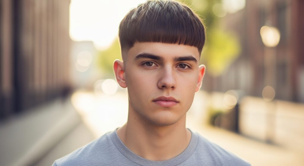 Young man with a taper mid + straight fringe.
