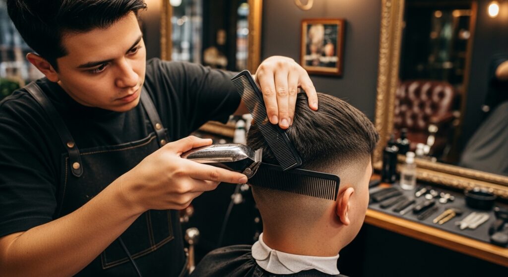barber using clippers for mid fade haircut