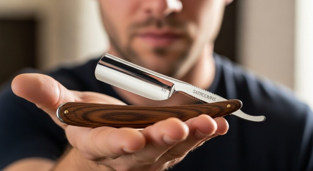man holding folded straight blade razor in hand