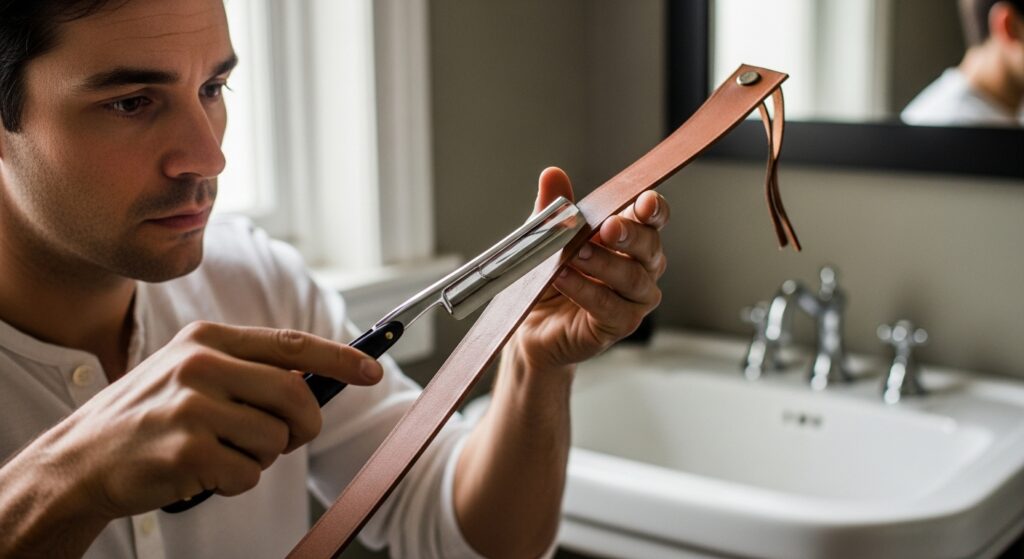 man doing leather strop on straight razor before shaving