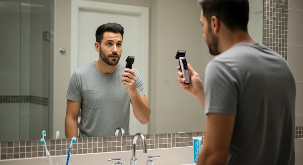 man using beard trimmer for jawline definition