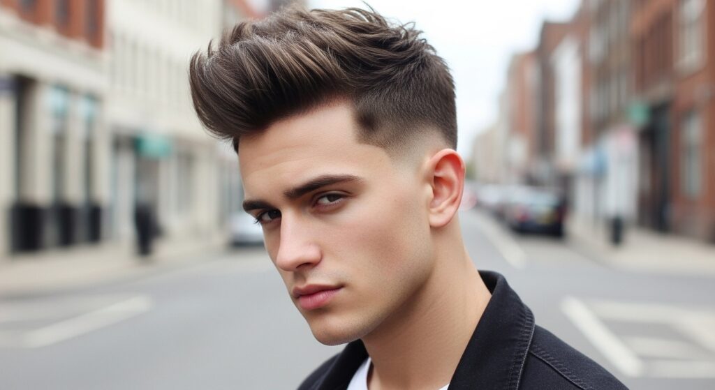 mid skin fade haircut styled with messy quiff