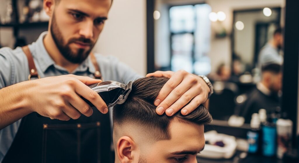 Barber doing a medium fade haircut with clippers
