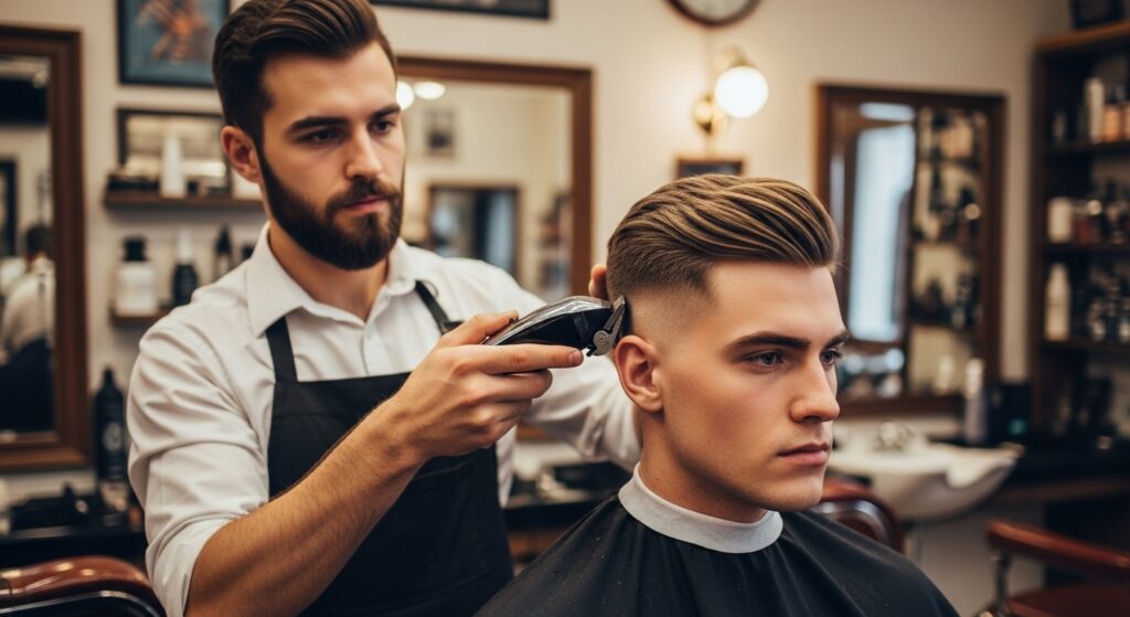 barber getting a men’s diamond face hairstyle ready for cutting.